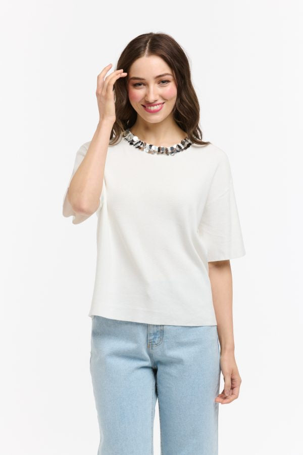 Knit Top Sequin White O/S