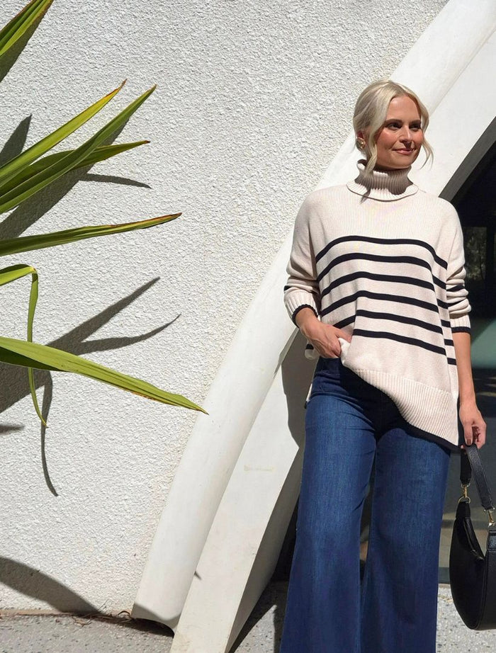 Samantha Stripe Knit Ecru Black O/S