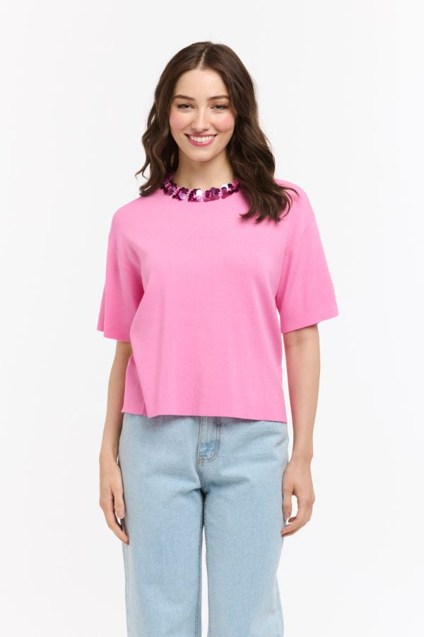Knit Top Sequin Neck Pink O/S