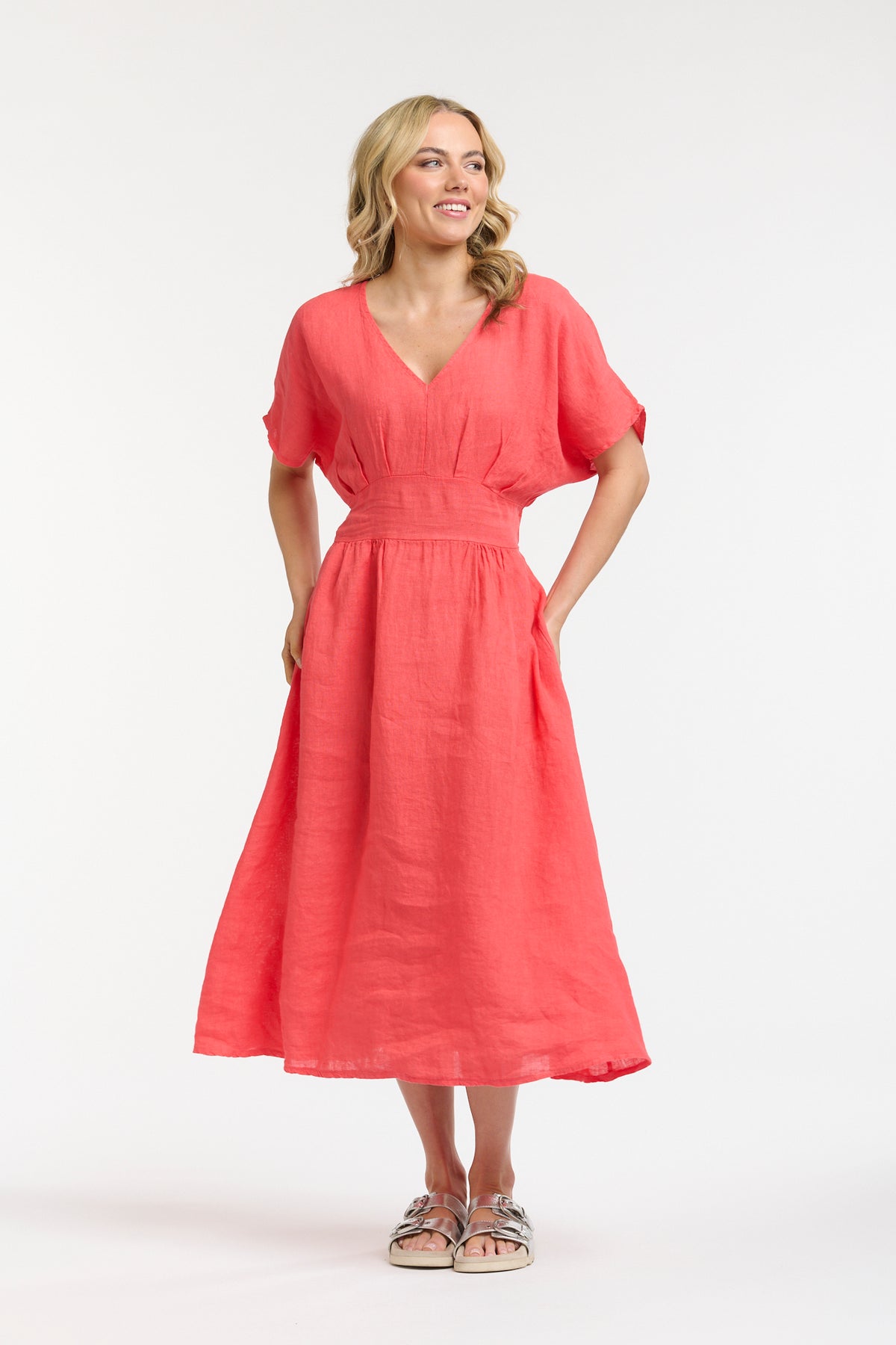 Linen Cinched Waist Dress Coral