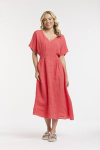 Linen Cinched Waist Dress Coral
