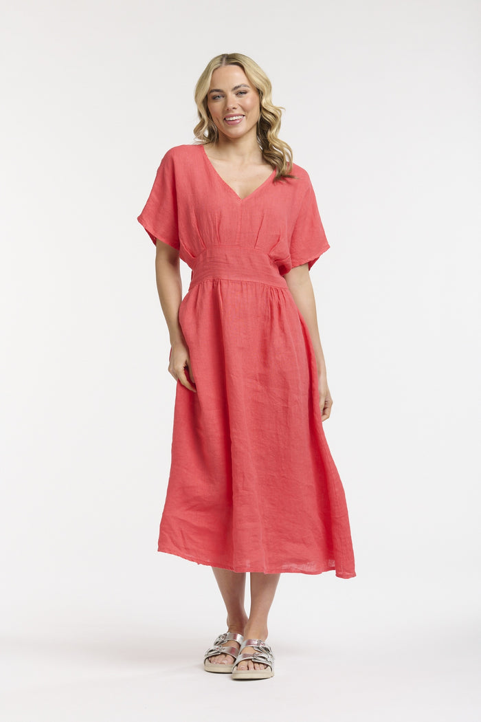 Linen Cinched Waist Dress Coral