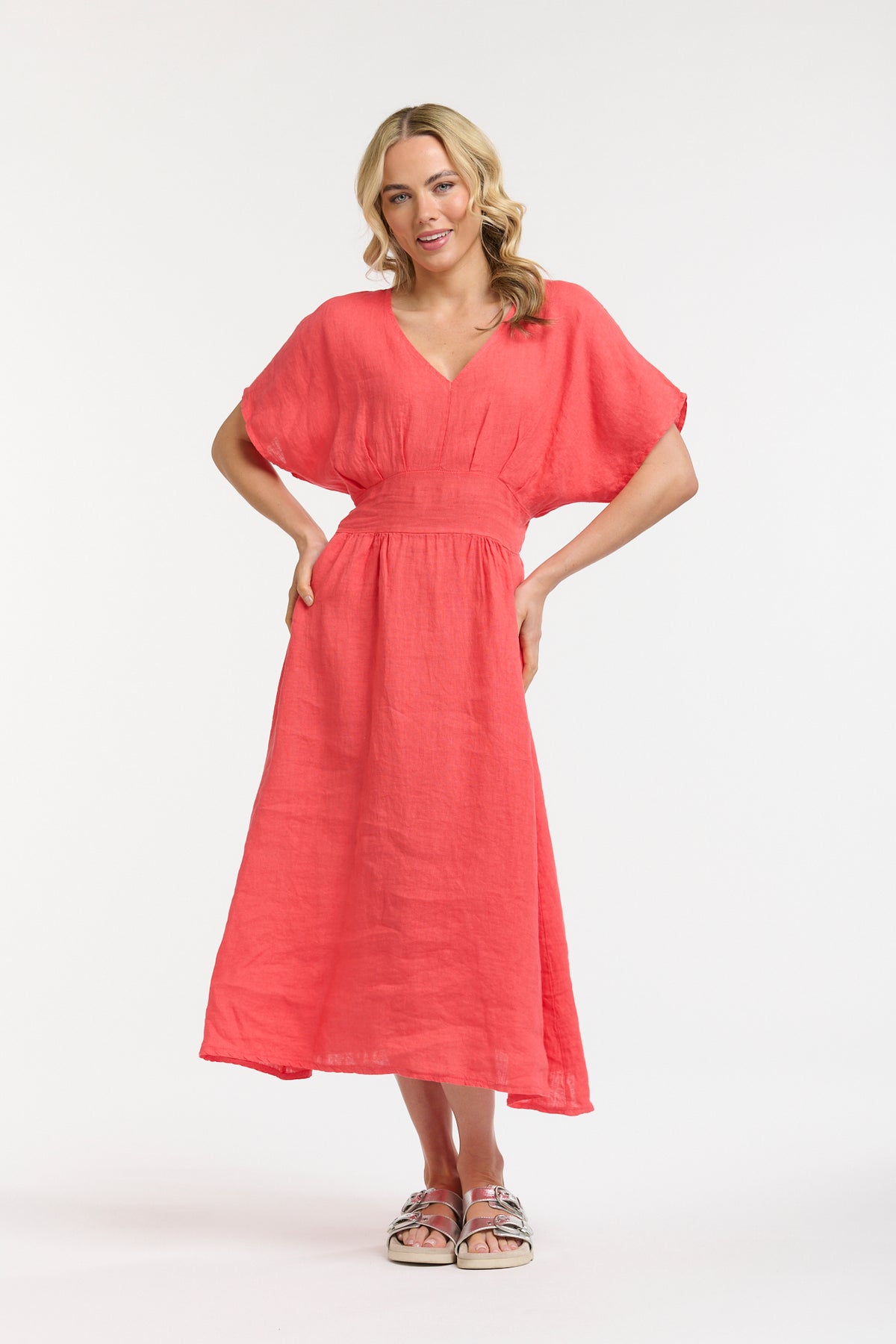 Linen Cinched Waist Dress Coral