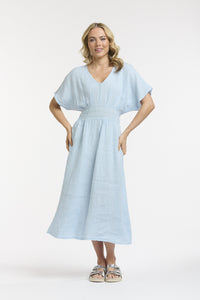 Linen Cinched Waist Dress Blue