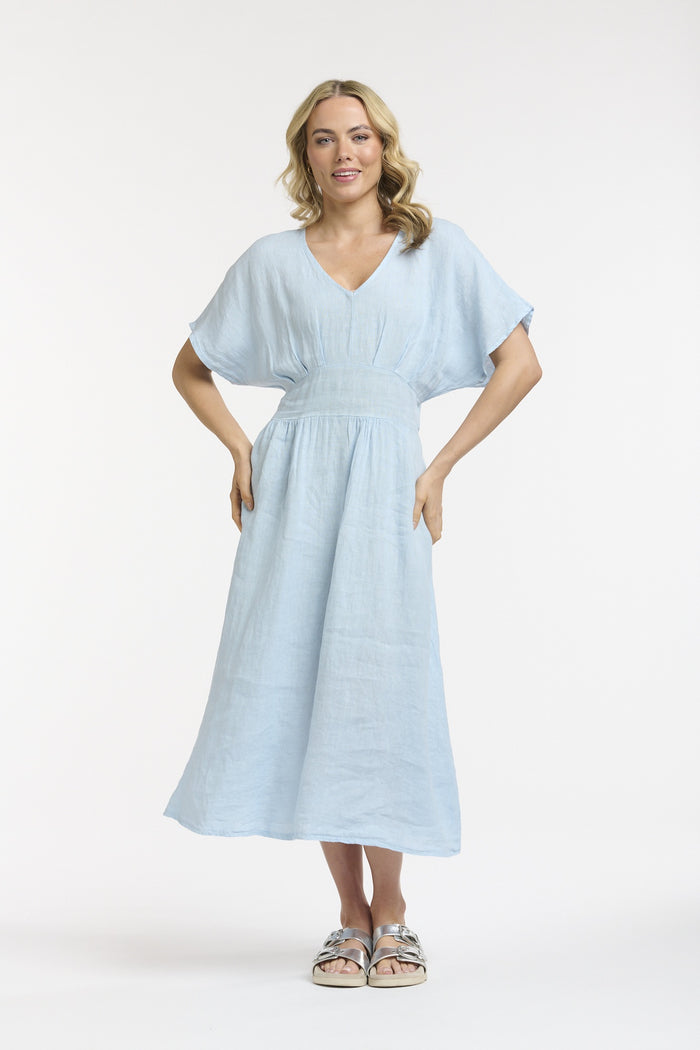 Linen Cinched Waist Dress Blue