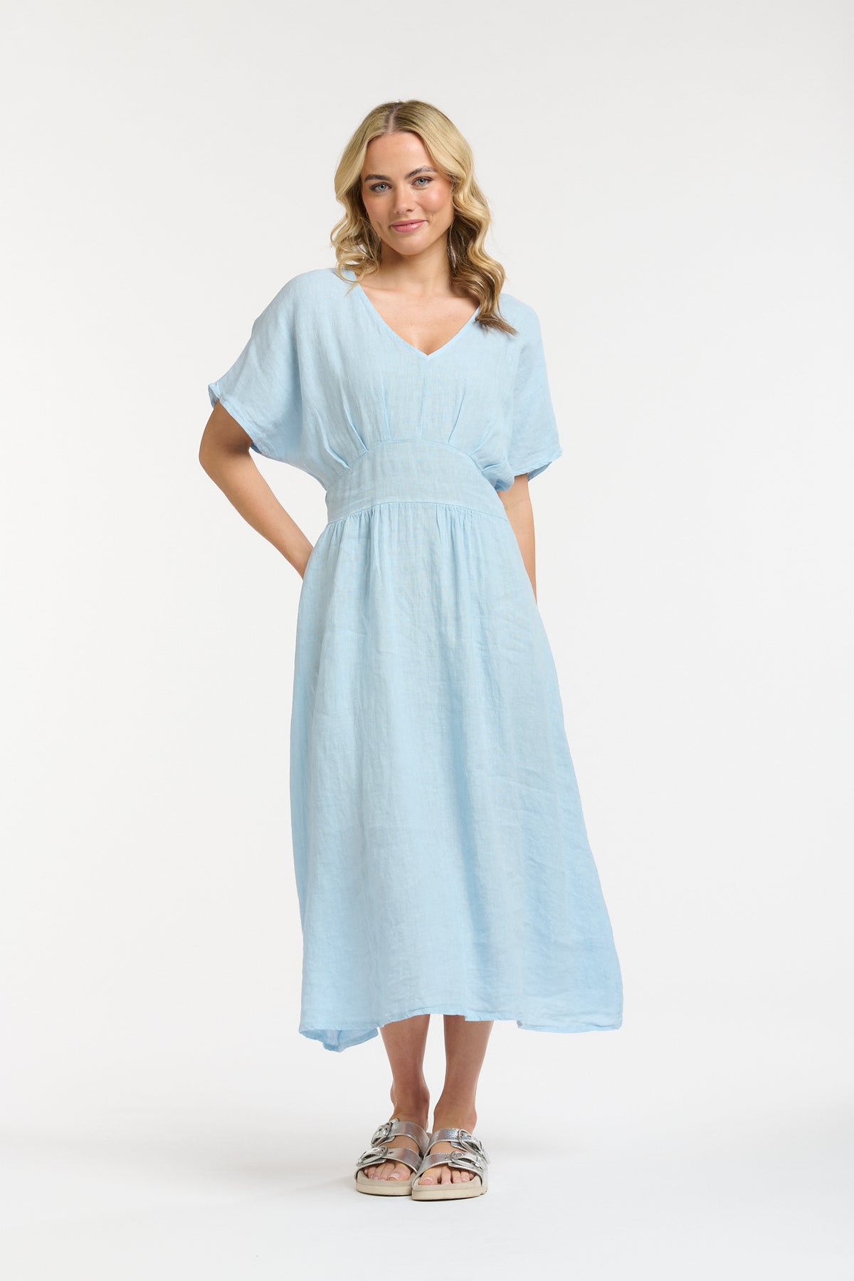 Linen Cinched Waist Dress Blue