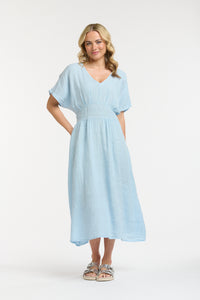 Linen Cinched Waist Dress Blue