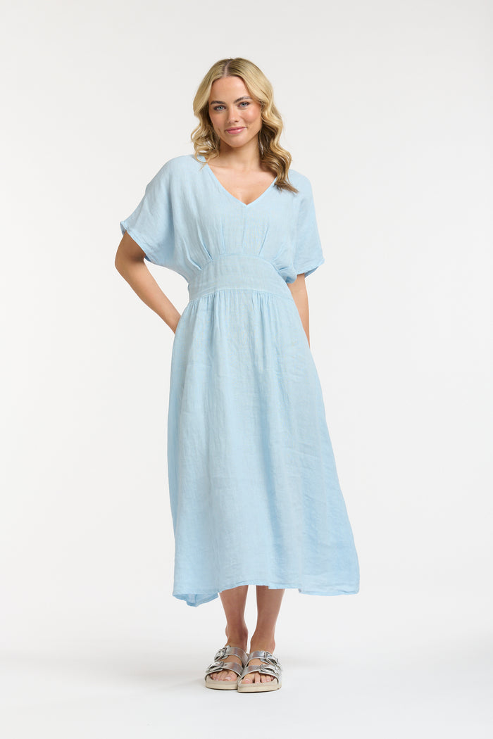 Linen Cinched Waist Dress Blue