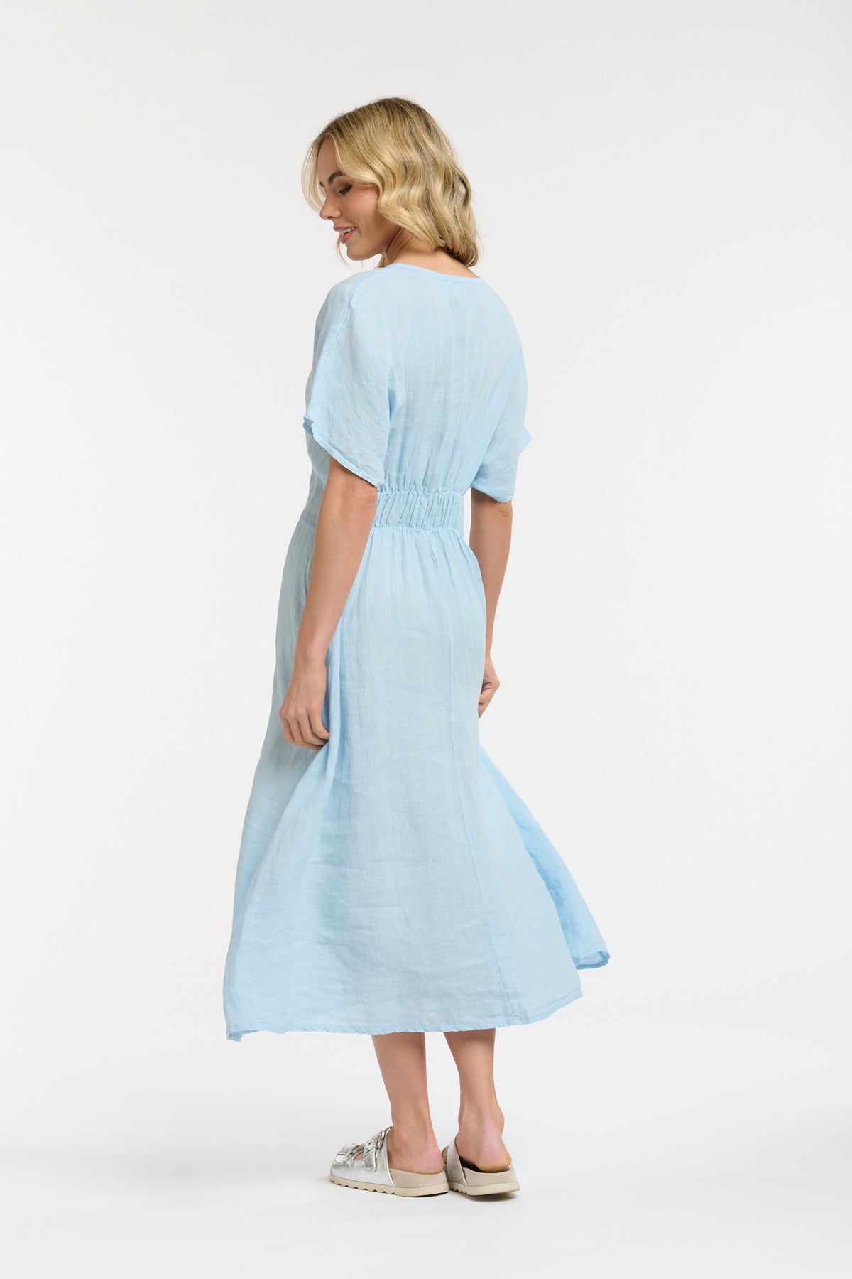Linen Cinched Waist Dress Blue