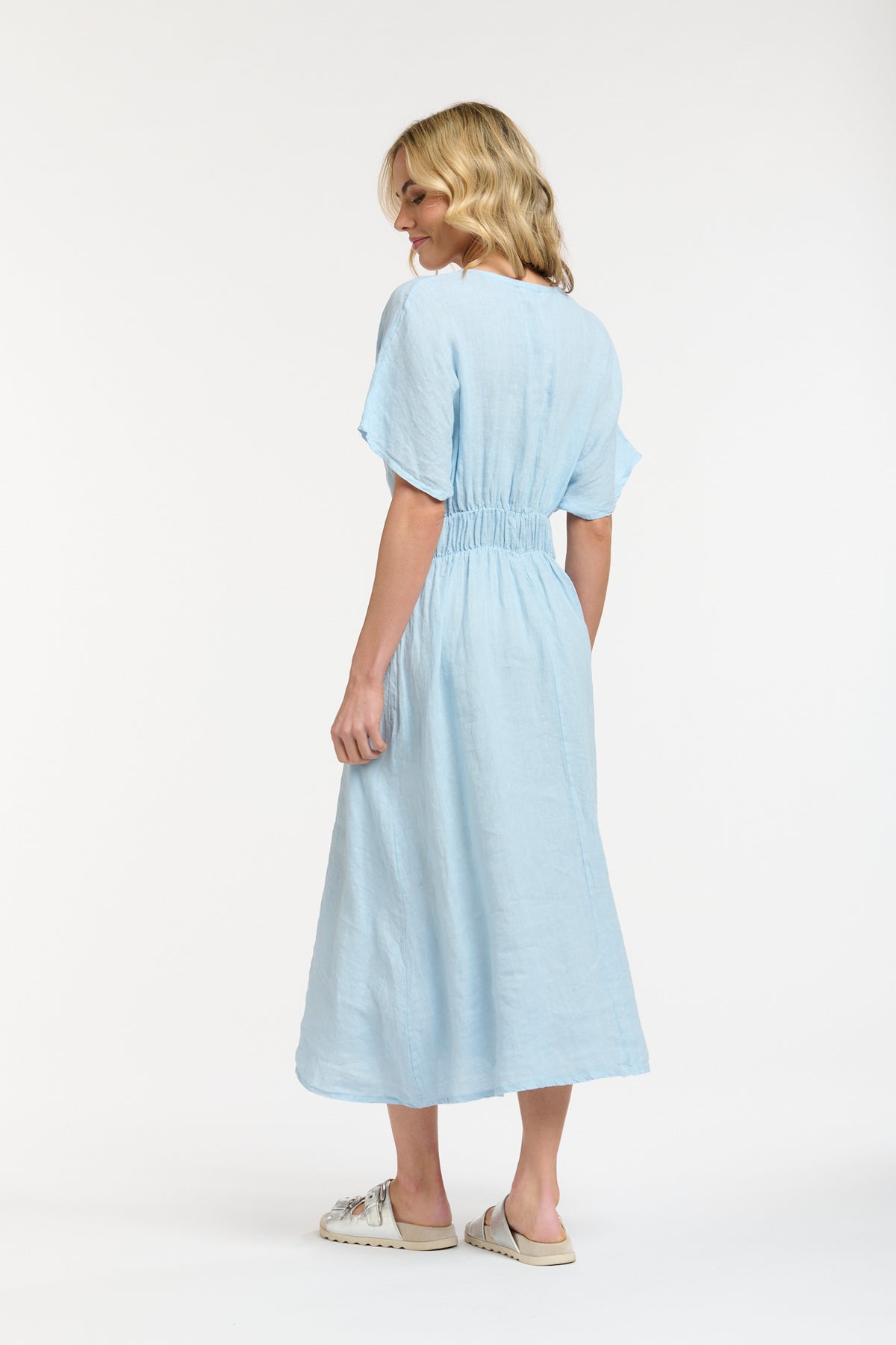 Linen Cinched Waist Dress Blue