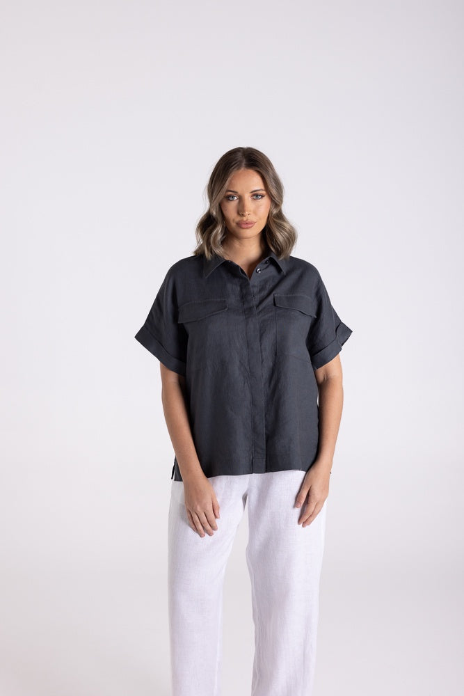 Drop Shoulder Linen Shirt Navy