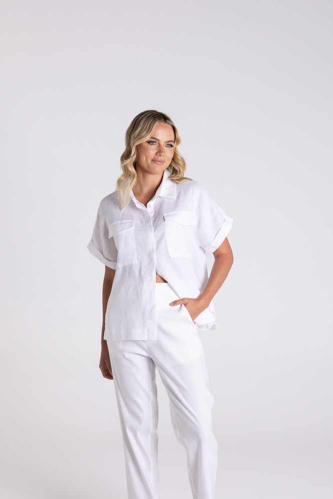 Drop Shoulder Linen Shirt White