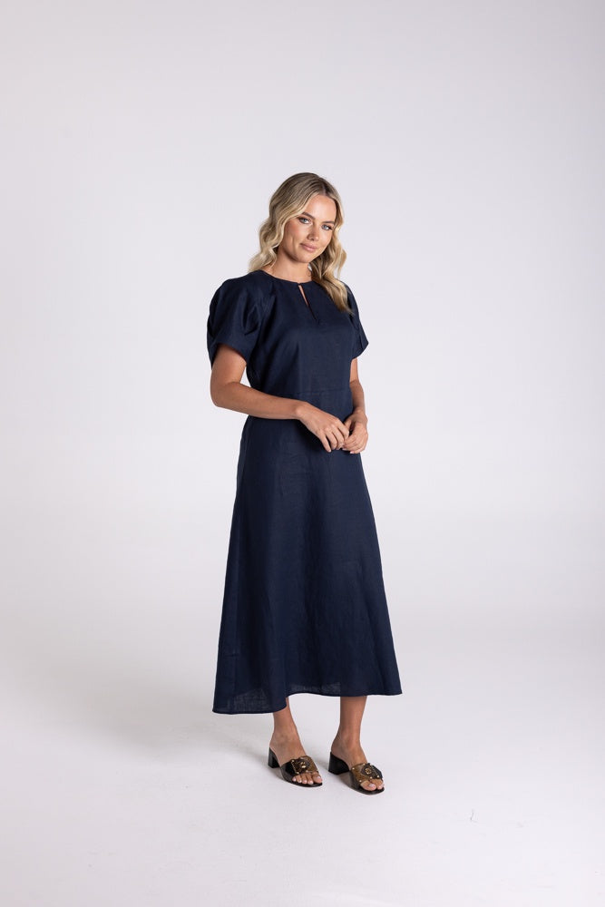 Navy Midi Linen Dress