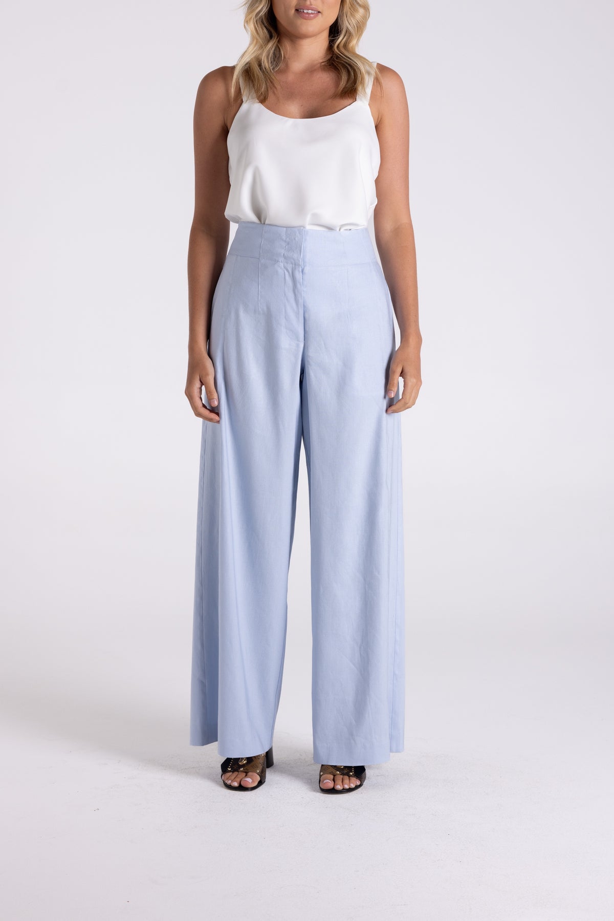 Linen Mix Wide Leg Pant Blue