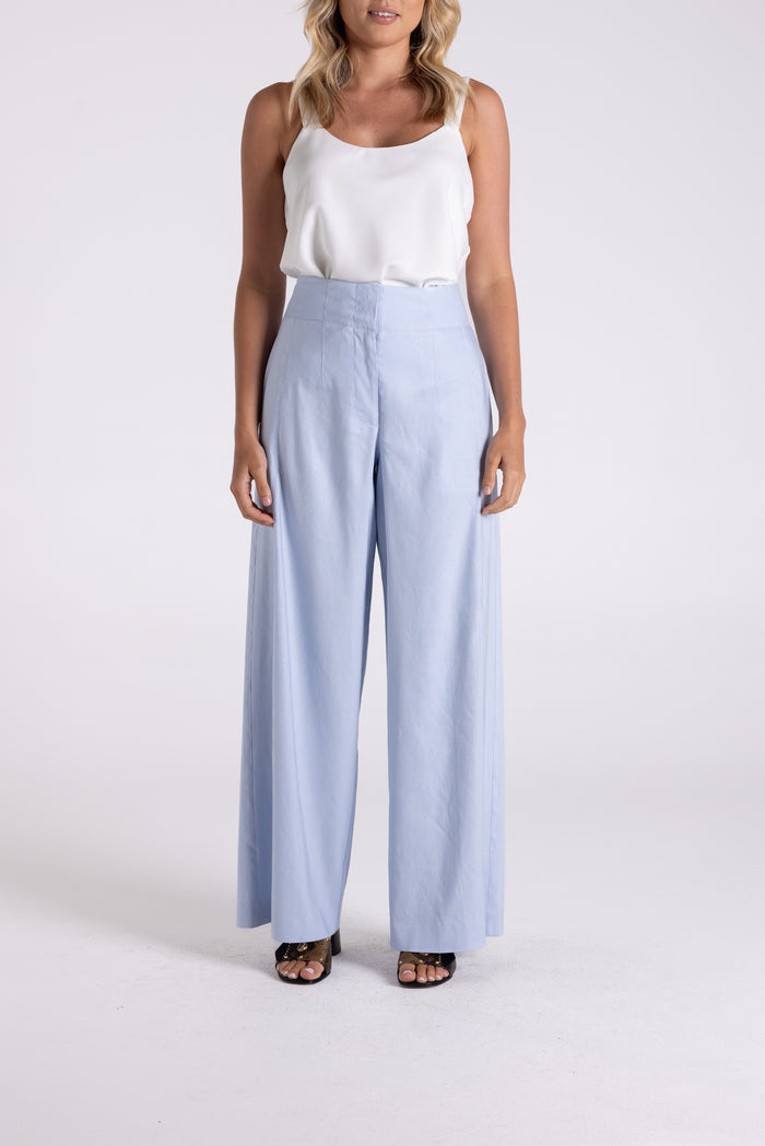 Linen Mix Wide Leg Pant Blue
