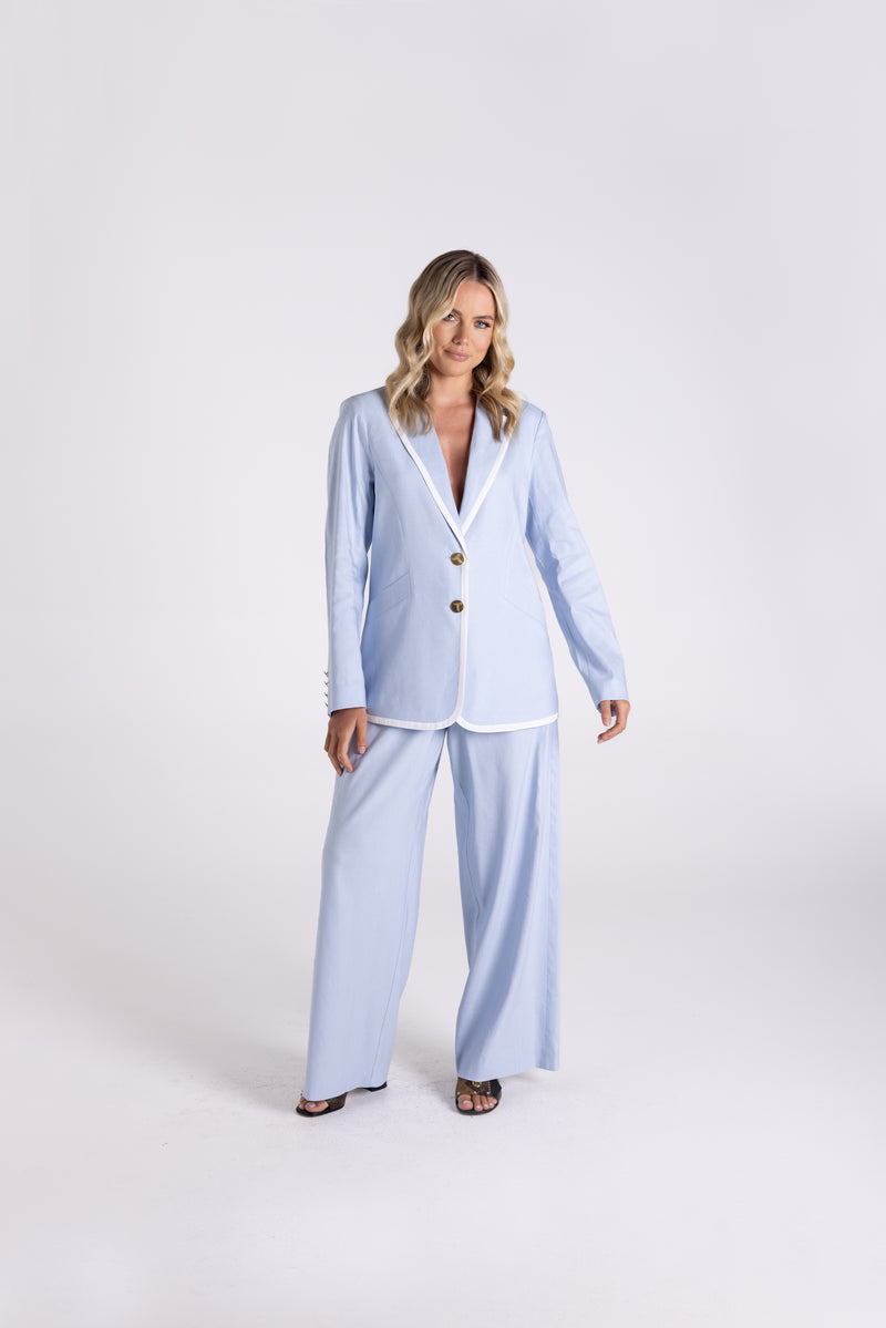 Linen Mix Wide Leg Pant Blue