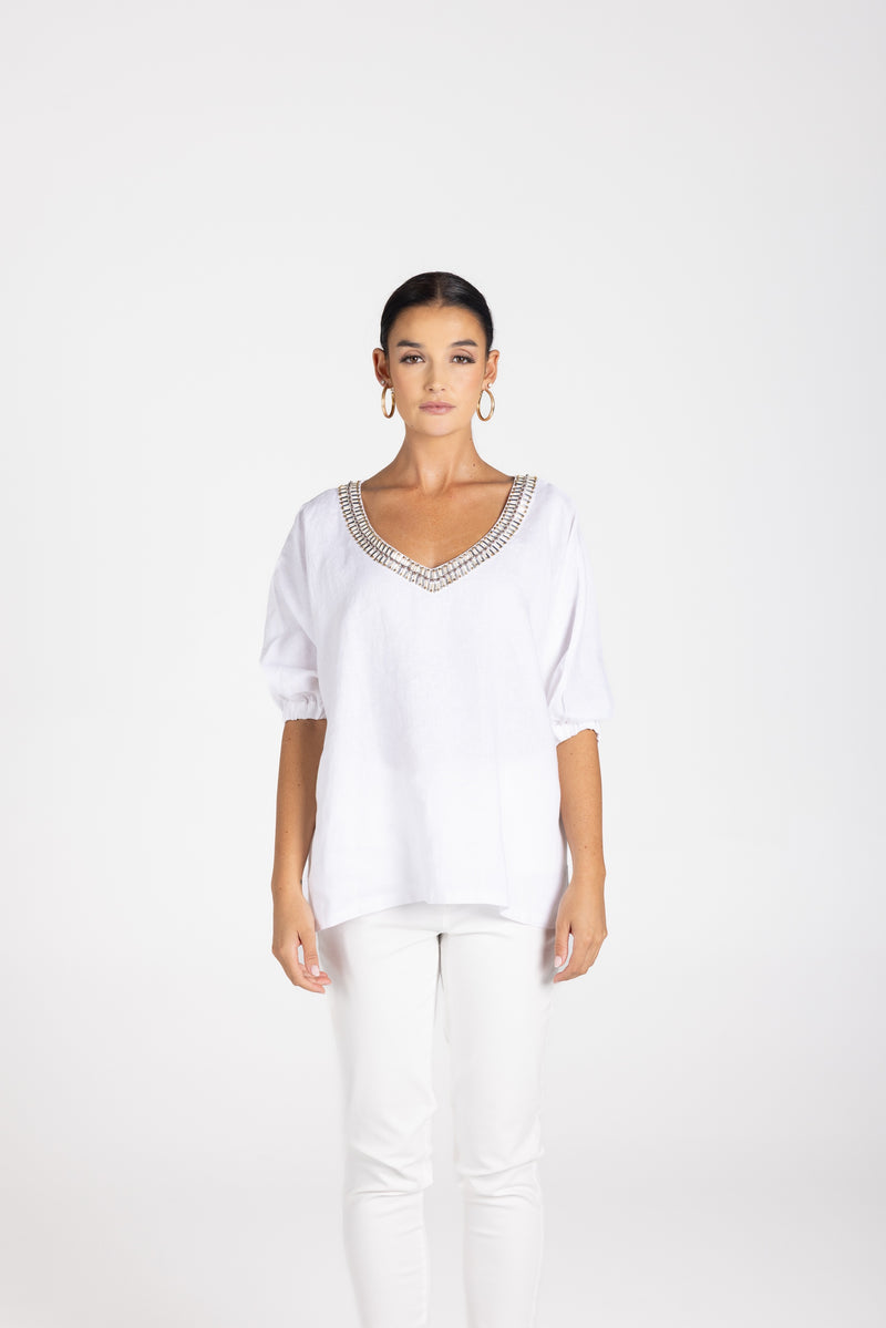Linen V Neck Beaded Top White