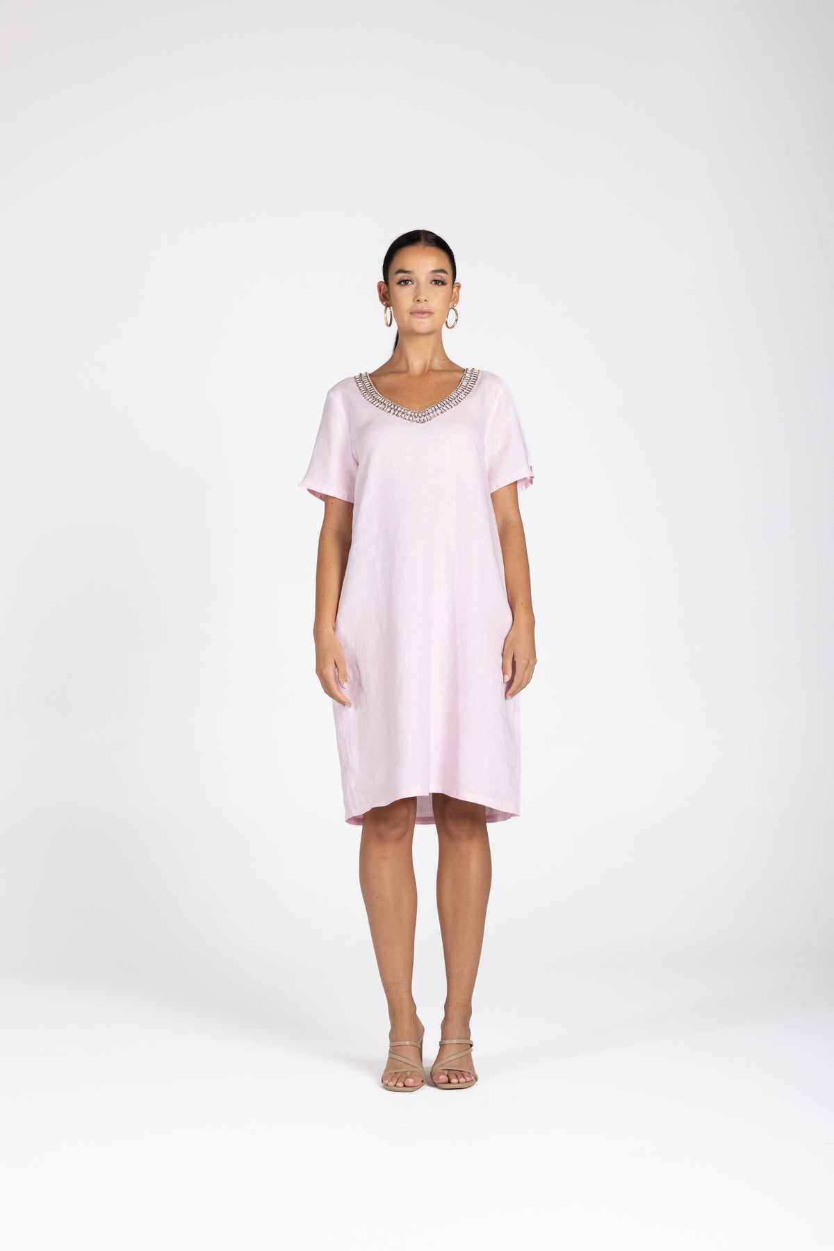 Linen V Neck Beaded Dress Pink