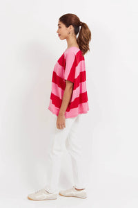 Jardin Stripe Tee Pink Red O/S