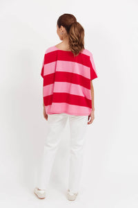 Jardin Stripe Tee Pink Red O/S