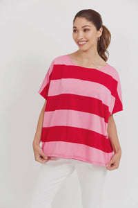 Jardin Stripe Tee Pink Red O/S