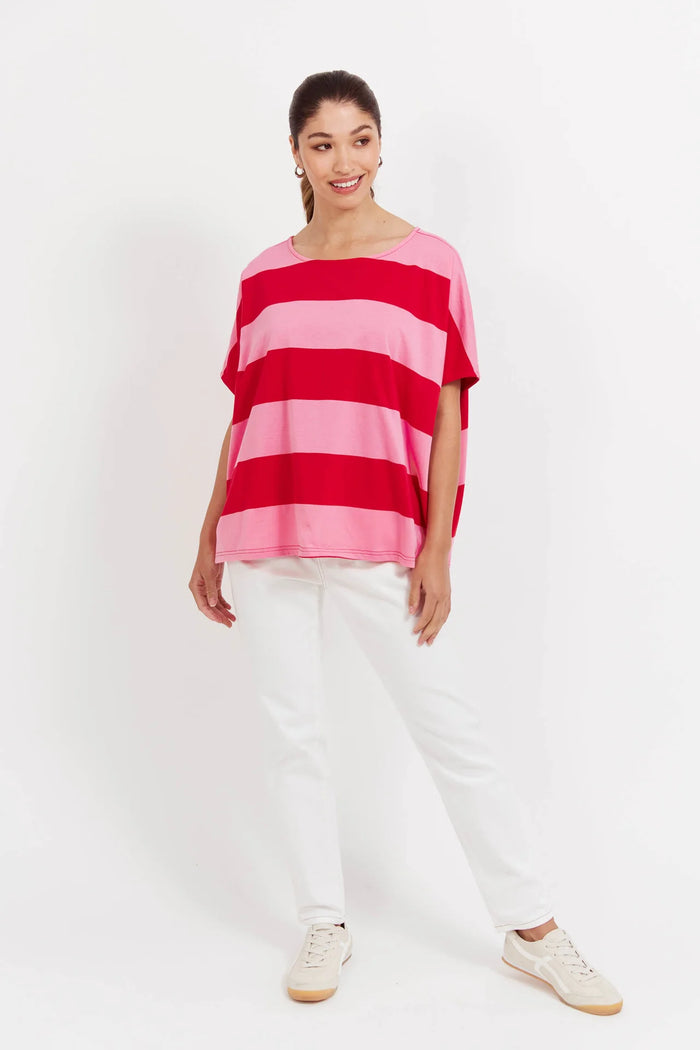 Jardin Stripe Tee Pink Red O/S