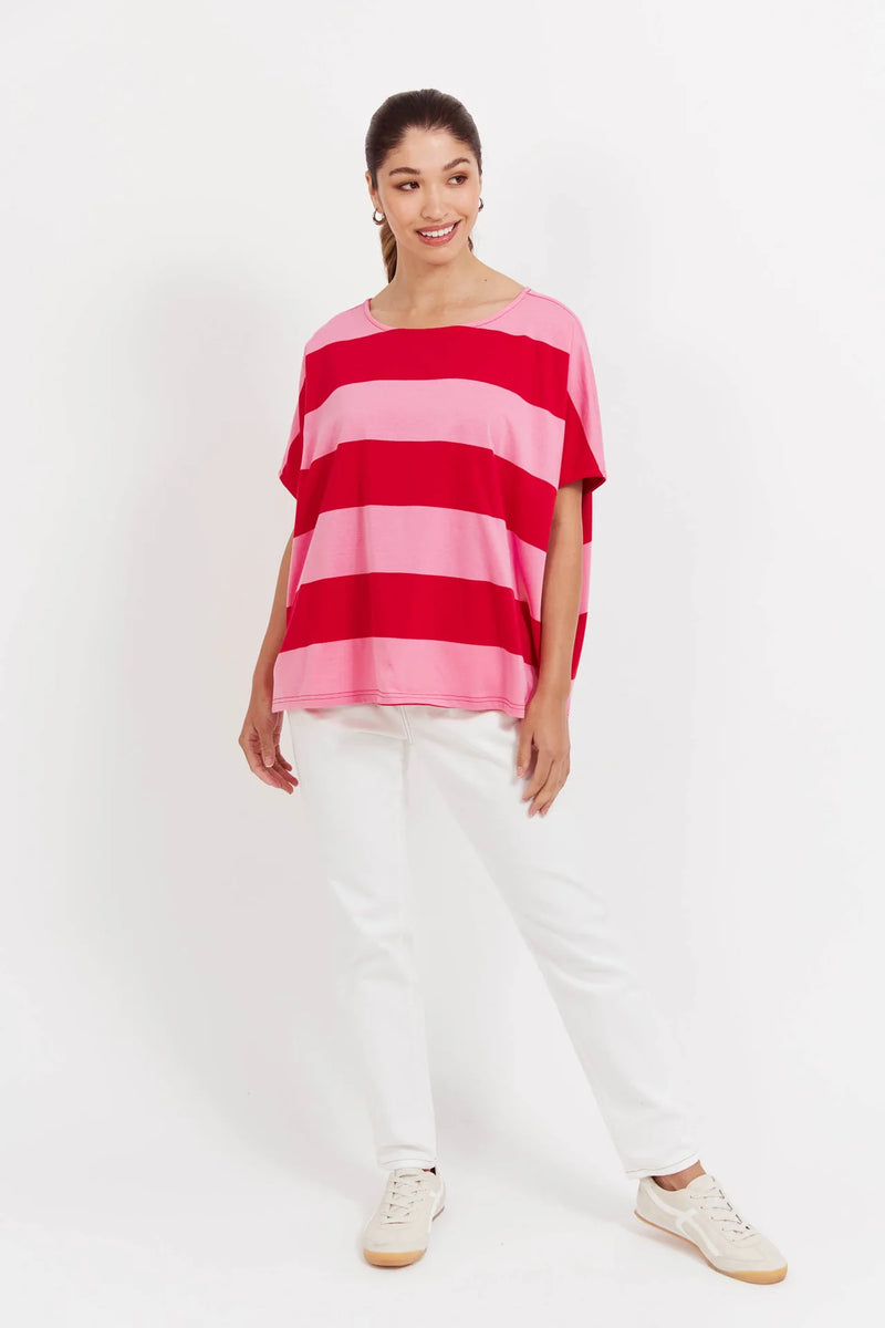 Jardin Stripe Tee Pink Red O/S