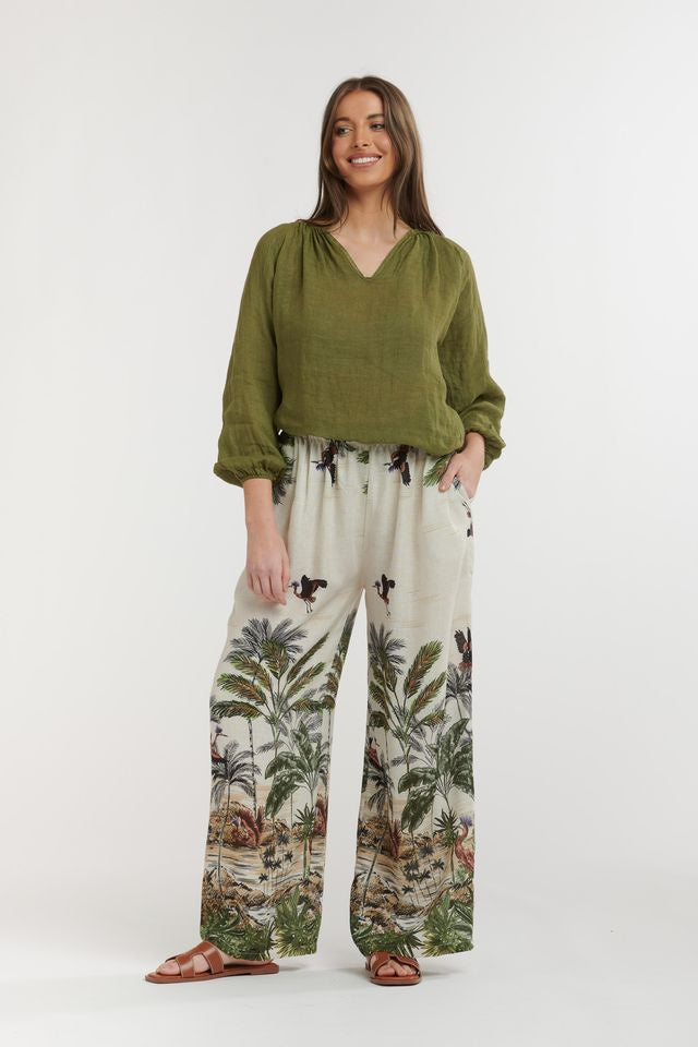 Linen Birds Palms Pants