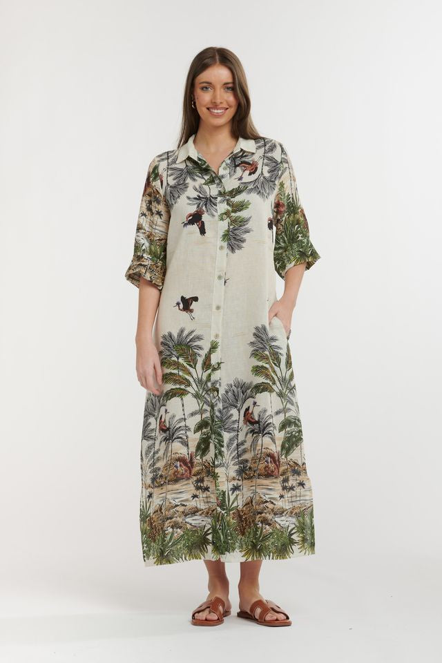 Linen Birds Palms Duster