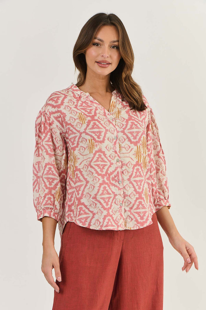 Long Sleeve Linen Top Ikat