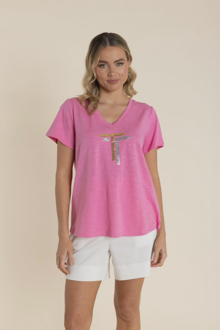 Sequin V Neck Tee Shirt Pink