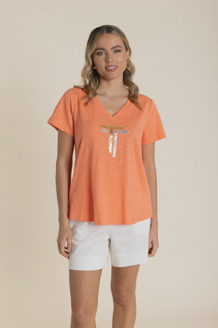 Sequin V Neck Tee Tangelo