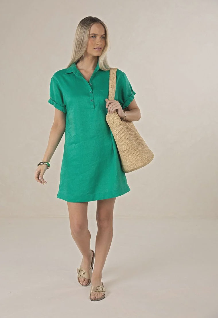 Hustle Linen Shirt Dress Emerald