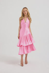 Lennox Pleated Halter Midi Dress Pink
