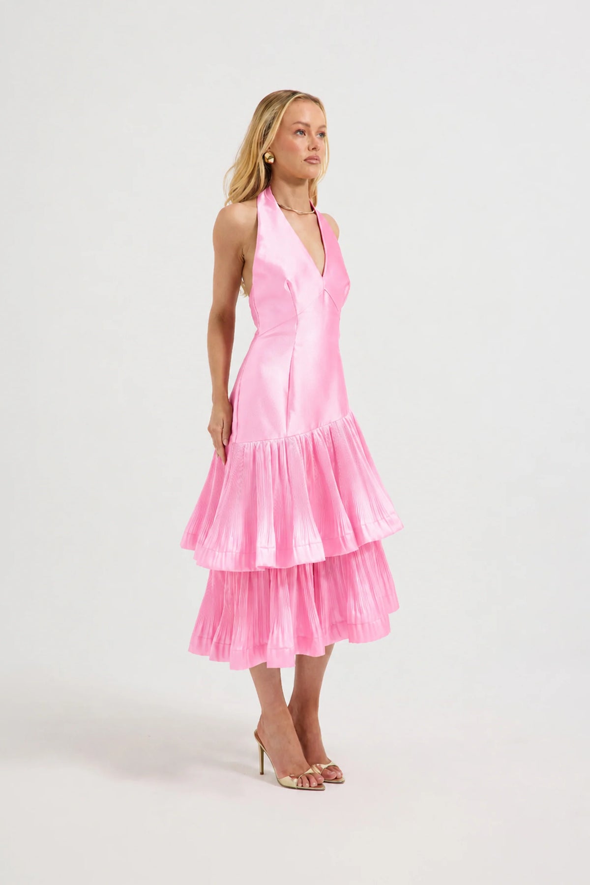 Lennox Pleated Halter Midi Dress Pink
