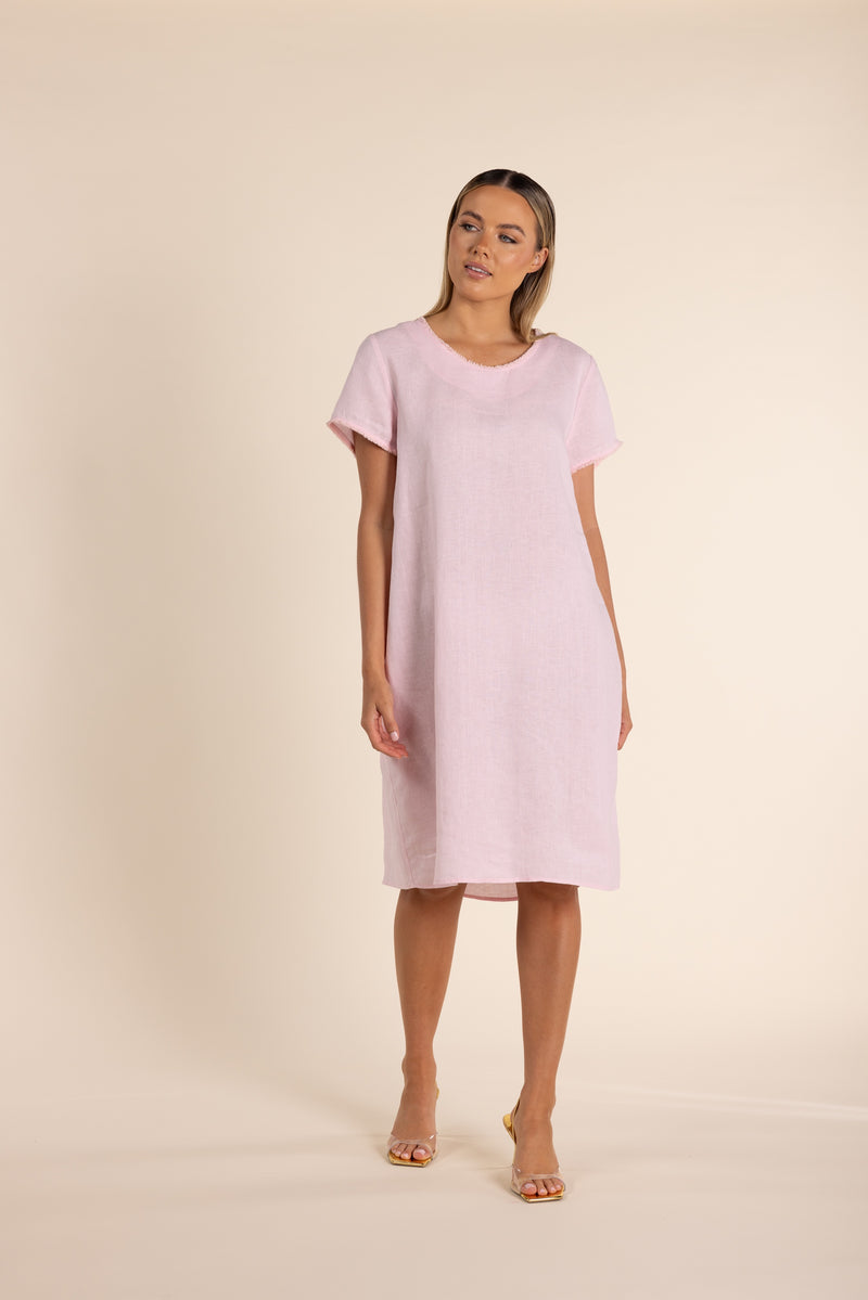 Linen Dress Fringe Rose Pink