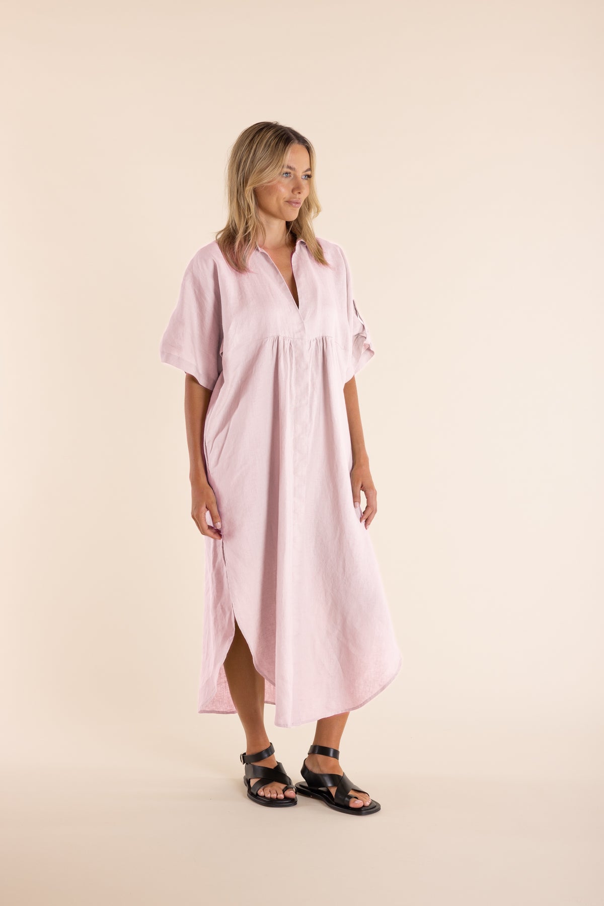 Linen Midi Dress Pink Rose