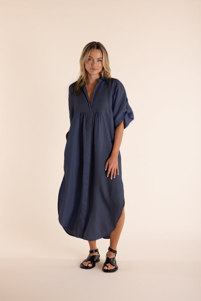 Linen Midi Dress Navy