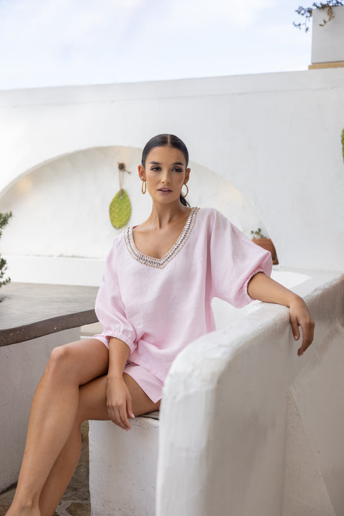 Linen V Neck Beaded Top Pink