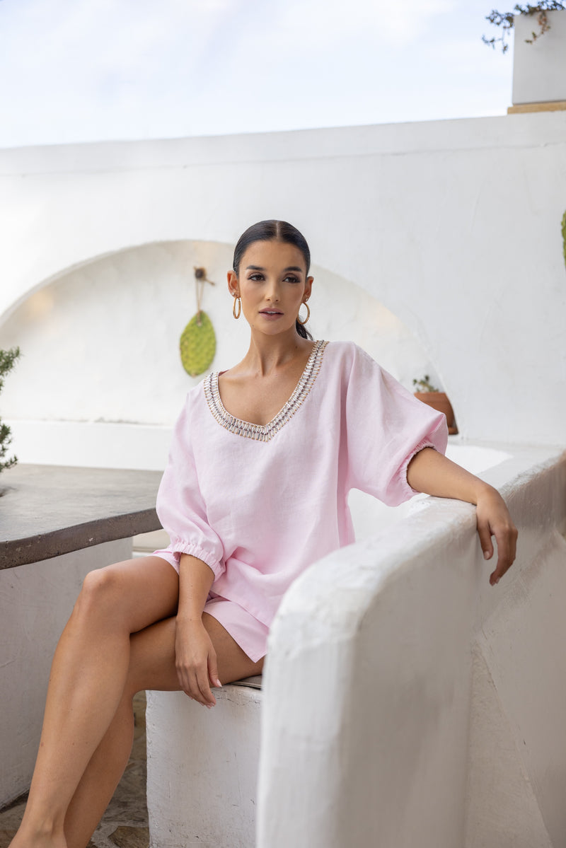 Linen V Neck Beaded Top Pink