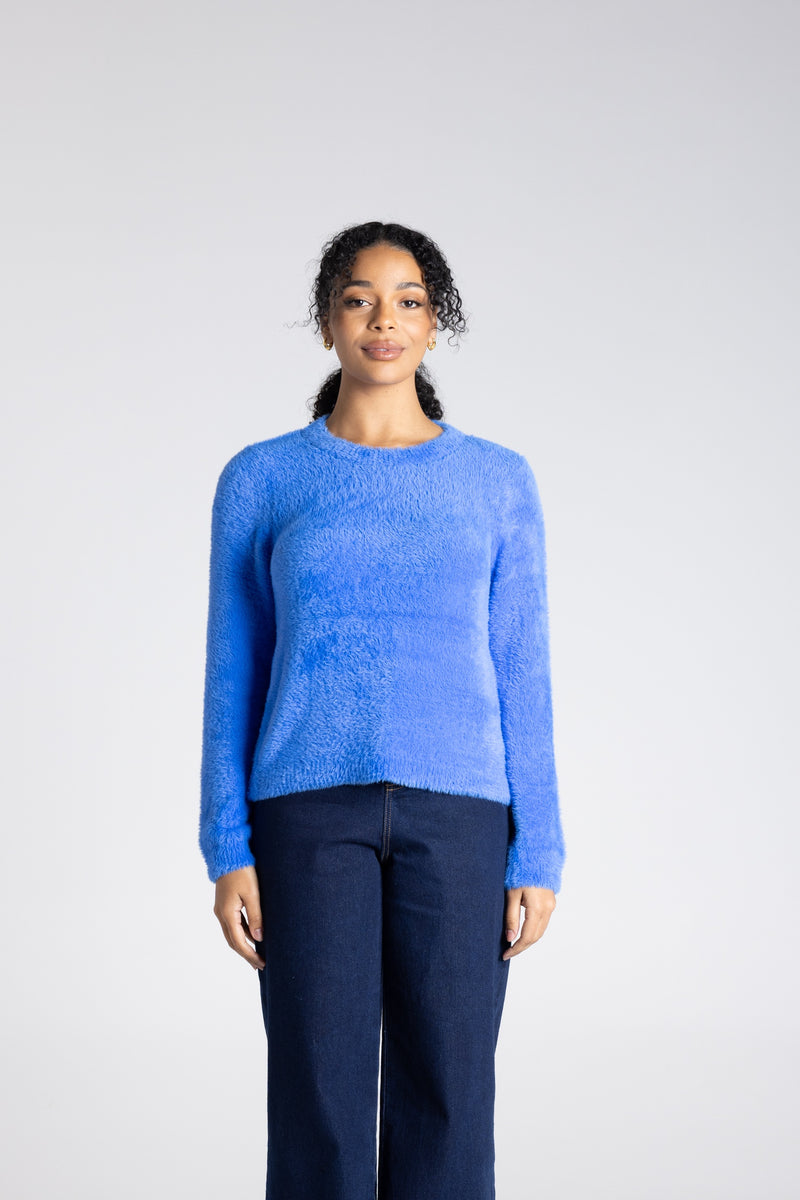 Crew Neck Fluffy Knit Blue