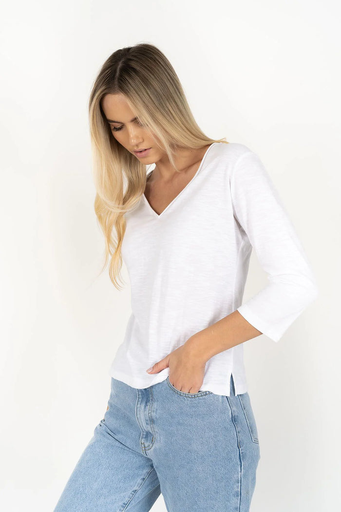 Stella V Neck Long Sleeve Tee White